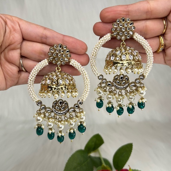 Premium Gold With Green Pearls 2 in 1 Pachi Kundan Jhumka Earrings - Picture 6 of 6